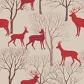Animals in autumn forest pattern. Fall leaves and trees seamless Royalty Free Stock Photo