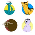 Animals avatar sticker set, owl tiger snake and bull