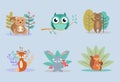 Animals badger, squirrel, owl, bear, fox and hare. Colorful vector illustration