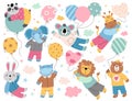 Animals with balloons illustrations. Rabbit, lion, bear, giraffe, hippo, elephant, koala