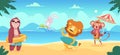 Animals on beach. Summer cartoon travellers relax in swim suit on the ocean beach exact vector wild funny animals