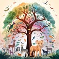 animals and birds under a tree with a rainbow in the background