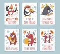 Animals birthday greeting cards. Cartoon characters play different musical instruments. Congratulate kids holiday. Jazz