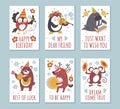 Animals birthday greeting cards. Cartoon characters play different musical instruments. Congratulate kids holiday. Jazz band.