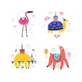 Animals at birthday party vector illustrations set Royalty Free Stock Photo