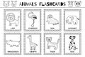 Animals black and white flashcards collection for kids. Flash cards set with cute characters Royalty Free Stock Photo