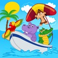 Animals on boat ride with monkey on hang glider Royalty Free Stock Photo