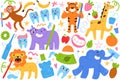 Animals brush teeth with fruit toothpaste, dental care illustrations for children, floss, oral care stickers, cute lion
