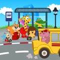 Animals at bus stop waiting school bus Royalty Free Stock Photo