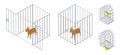 Animals in cages. Isometric dog bird inside and outside cage. Pet care vector illustration Royalty Free Stock Photo