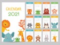 Animals calendar 2021. Cute monthly calendar with different animals, funny woodland and savanna characters, childrens poster Royalty Free Stock Photo