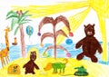 Animals celebrate the new year on a tropical beach. children drawing