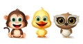 Animals character vector set. Monkey, duck and owl kids animal characters in cute smiling facial expression for pet collection.