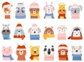 Animals character wearing warm winter hats and scarves accessories isolated set vector illustration