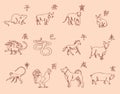 12 animals of the Chinese zodiac calendar. The symbols of the New Year, Eastern calendar. Sketch pencil. Drawing by hand