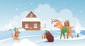 Animals with Christmas gifts, cartoon snowy winter cute scene with house, funny wild forest animals Royalty Free Stock Photo