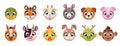 Animals circle faces. Funny cartoon muzzles, round shapes, UI apps icons, cute wildlife characters, chinese horoscope Royalty Free Stock Photo