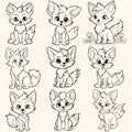 Collection pack of foxes coloring page for children.Cartoon style hand drawing vector in black outline on a white background Royalty Free Stock Photo