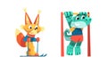 Animals doing sports set. Fox and crocodile characters skiing and doing pulling up exercise. Fitness and healthy