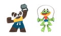 Animals doing sports set. Panda bear and frog characters lifting kettlebell and jumping with skipping rope. Fitness and