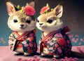 The animals are dressed in Japanese kimono character flower. Generative AI