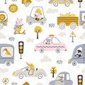 Animals driving transport, cars and trucks. Cute cartoon raccoon taxi driver, pig ride on scooter. Nowaday childish