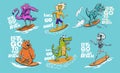 Animals dude surf summer t-shirt print. Wild bear, dinosaur, crocodile and flamingo ride surfboard