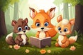 Animals education, reading a big book in the forest landscape. Animals school in nature, studying a book friends. style vector Royalty Free Stock Photo