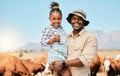 Animals, father and daughter or family on farm outdoor for cattle, holiday and travel. Happy black man and child smile Royalty Free Stock Photo