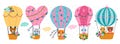 Animals fly in hot air balloon. Funny deer, mouse, fox, bunny drive vehicles. Patterned hand drawn objects with little