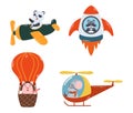Animals Flying On Airplane, Rocket, Helicopter And Air Balloon. Cute Panda, Raccoon, Pig And Mouse Characters Pilots
