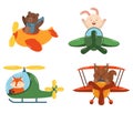 Animals Flying On Airplanes And Helicopter. Cute Bear, Bunny, Fox And Squirrel Pilots Travel By Air. Toys For Kids