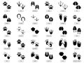 Animals footprints. Animal feet silhouette, frog footprint and pets foots silhouettes prints vector illustration set