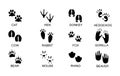 Animals footprints.Animal trails. Animal feet silhouette, frog footprint and pets foots silhouettes prints vector illustration set