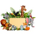 Animals forest cartoon with blank sign bamboo Royalty Free Stock Photo
