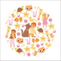 Animals friendship background with kids characters and little pets illustration. Royalty Free Stock Photo