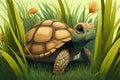 Animals of the genus Sulcata, ambling along grass