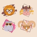 Animals in glasses cute cartoon characters portrait vector illustration Royalty Free Stock Photo