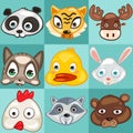 Animals head cartoon icon. Tiger, panda, moose, cat, duck, rabbit, chicken, racoon, bear face vector icon, logo, mascot