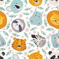 Animals head seamless pattern. Cute lion, tiger zebra, koala and hippo, sloth and leopard faces. Kids wallpaper, textile Royalty Free Stock Photo