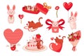 Animals with hearts. Cartoon romantic stickers. Cute bunny giving balloon and kitten signing greeting card. Holiday cake Royalty Free Stock Photo