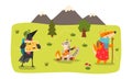 Animals Hiking on Summer Mountain Landscape Set, Fox, Crow, Cat Characters Camping and Hiking Vector Illustration