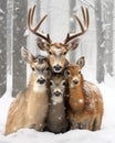 Animals huddling together for warmth in snowstorm