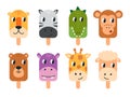 Animals ice cream on sticks. Cute childish mascots, isolated animal funny faces. Cartoon monkey, hippo and giraffe
