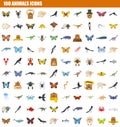 100 animals icon set, flat style Royalty Free Stock Photo