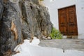 A cat sleeps near a flowering bush of Plumbago auriculata in the historical town of Lindos. Royalty Free Stock Photo