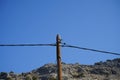 Two Streptopelia decaocto birds sit on a wooden electricity pole in August. Rhodes Island, Greece Royalty Free Stock Photo