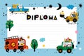 Animals kids diploma. Graduation kindergarten certificate. Drivers in different cars. Nursery award page. Forest fauna