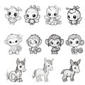 Animals line art set isolated on white background. Cute cartoon character - bee, monkey and donkey . Royalty Free Stock Photo