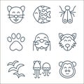 animals line icons. linear set. quality vector line set such as monkey, jellyfish, seagulls, wolf, walrus, paw print, moth, fish